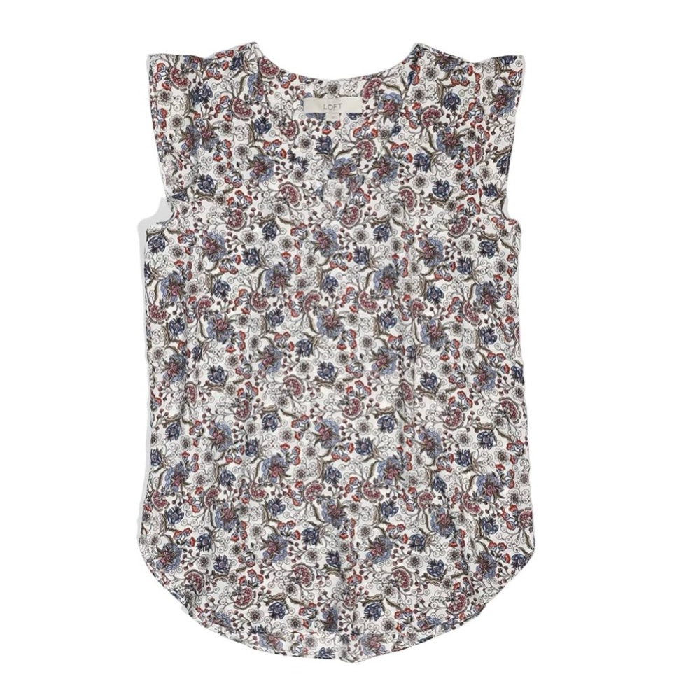 LOFT Ruffle Short Sleeve V-Neck Floral Top